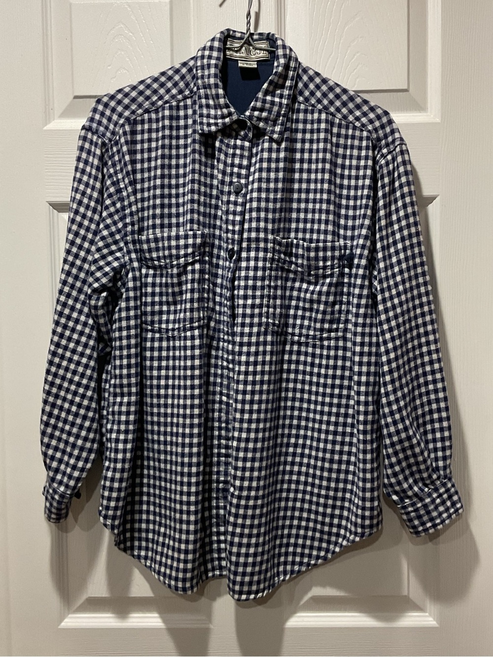 Navy and White Gingham Button-Up Flannel Shirt